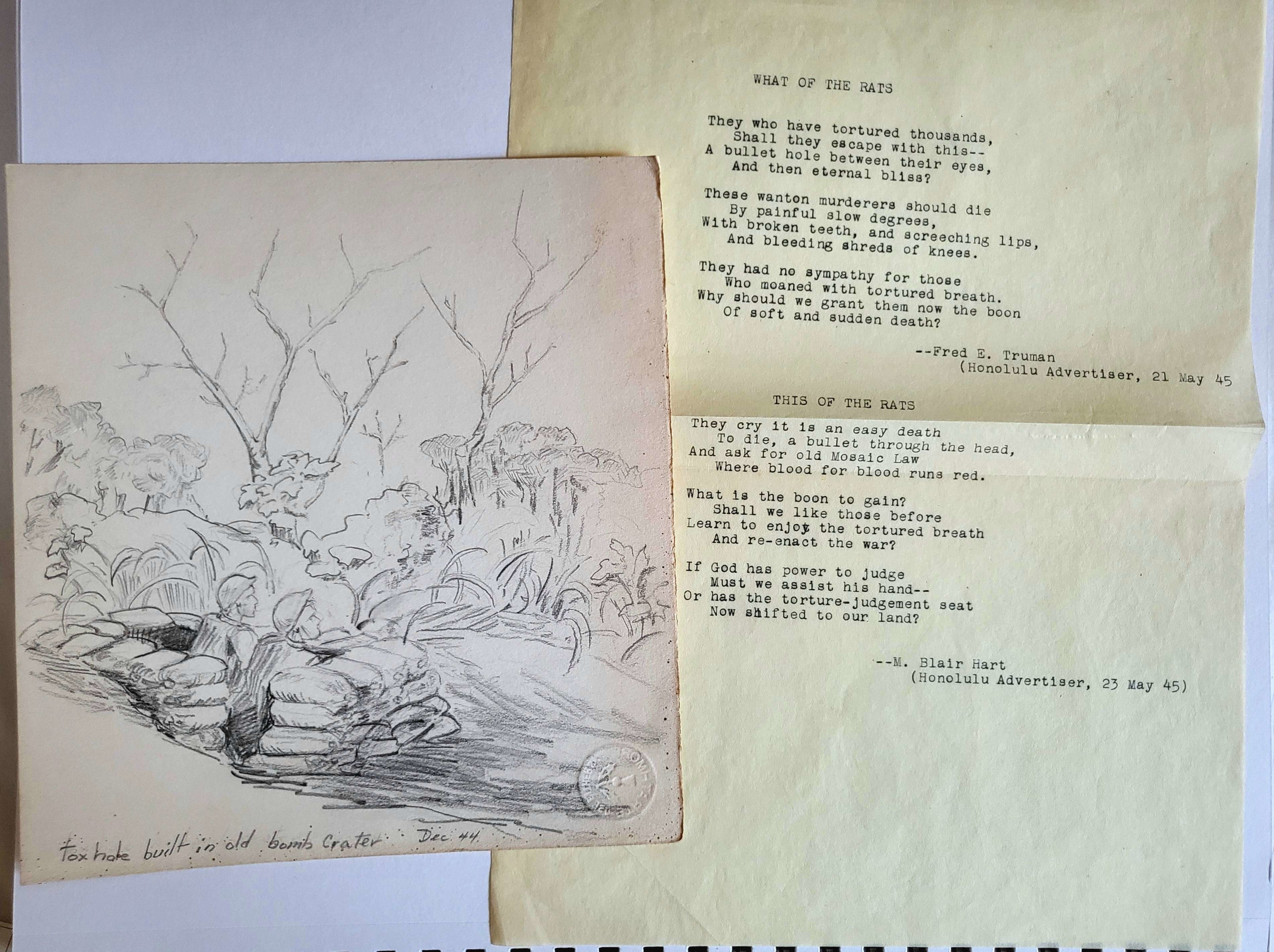 Poem, and answer. Paired with Foxhole in bomb crater, 1944;